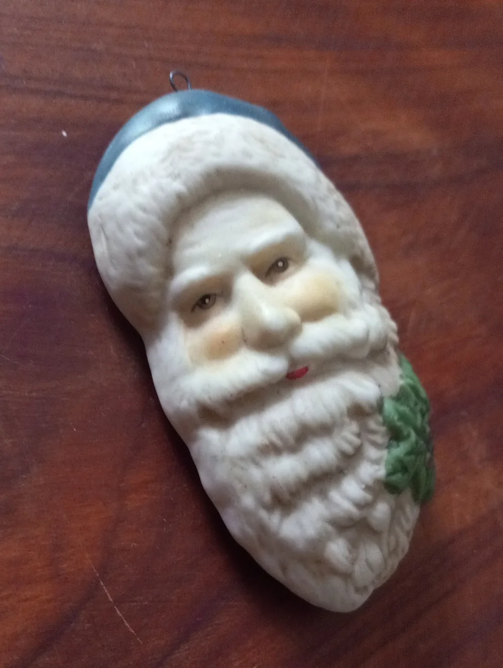 Vtg Santa Claus Ceramic Ornament Blue Hat Holly Accent